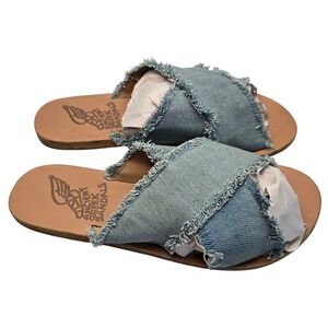 Ancient Greek Sandals Women's Size 8  Denim Frayed Slide Slip Ons Handmade Flats